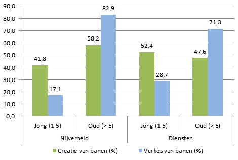 Onderverdeling van de creatie en het verlies van banen volgens de leeftijd van de ondernemingen en de sector, 17 lidstaten van de OESO en Brazilië, gemiddelden 2001 tot 2011
